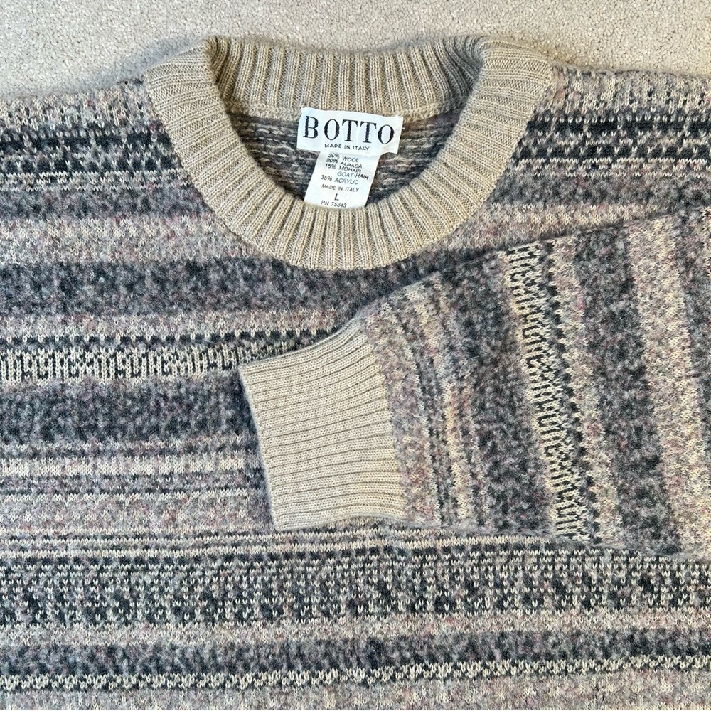 Vintage Italian Wool Alpaca Botto Sweater Stripes Thick Warm Crew Neck women's L